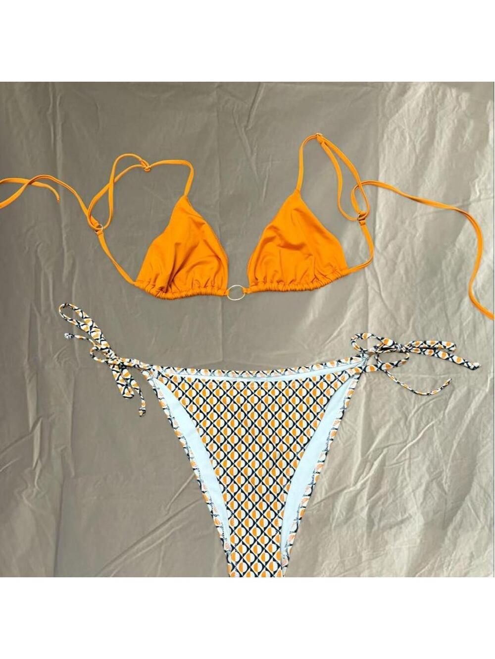 H&M Orange & Geometric Tie Bikini Set 🧡🤍🖤